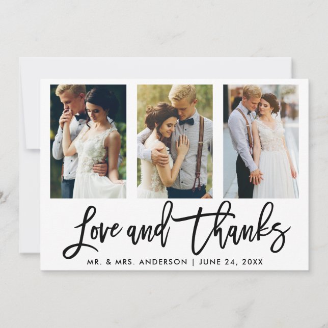 Carte De Remerciements Brush Script 3 Photo Mariage Love and Thanks (Devant)