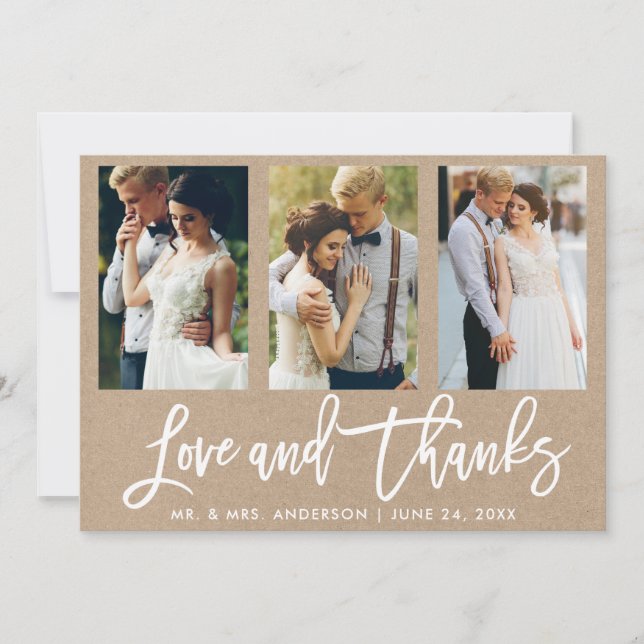 Carte De Remerciements Brush Script 3 Photo Mariage Love Thanks Kraft (Devant)