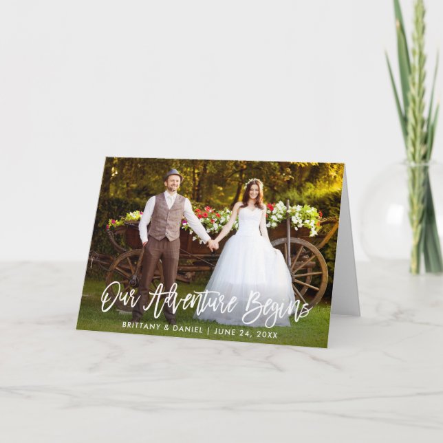 Carte De Remerciements Brush Script Notre Aventure Commence Mariage Plié (Devant)