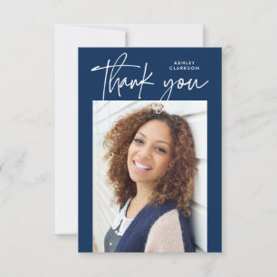 Carte De Remerciements Budget bleu Moderne Calligraphie Photo Graduation