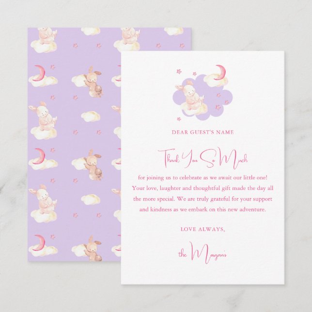 Carte De Remerciements Bunny Dreams Baby shower violet (Devant / Derrière)
