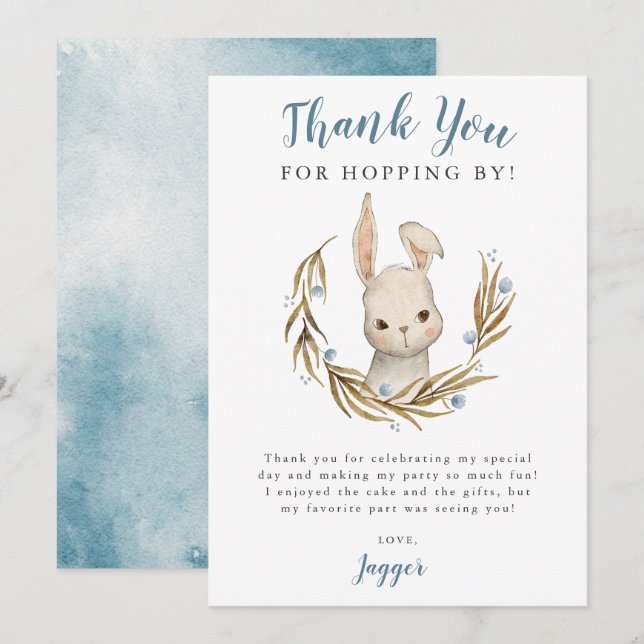 Carte De Remerciements Bunny Rabbit garçon fête d'anniversaire (Devant / Derrière)