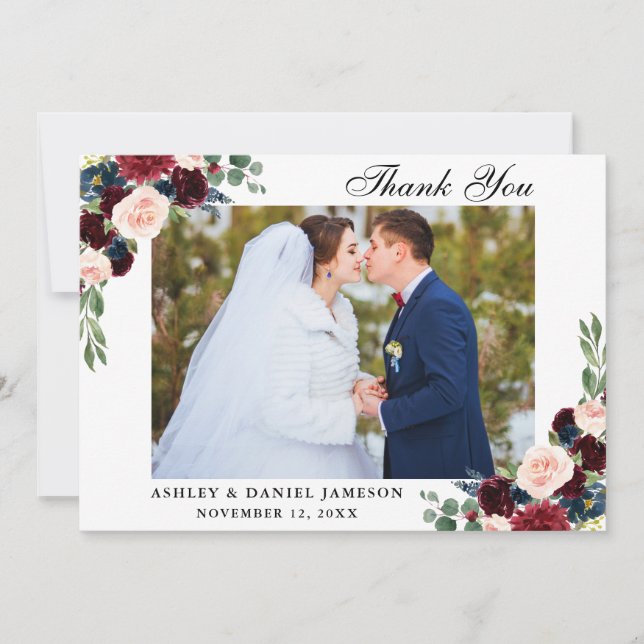 Carte De Remerciements Burgundy Blue Floral Mariage Photo (Devant)