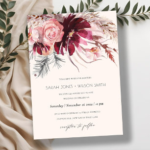 Carte De Remerciements Burgundy Blush Floral Pampas Mariage en herbe Invi
