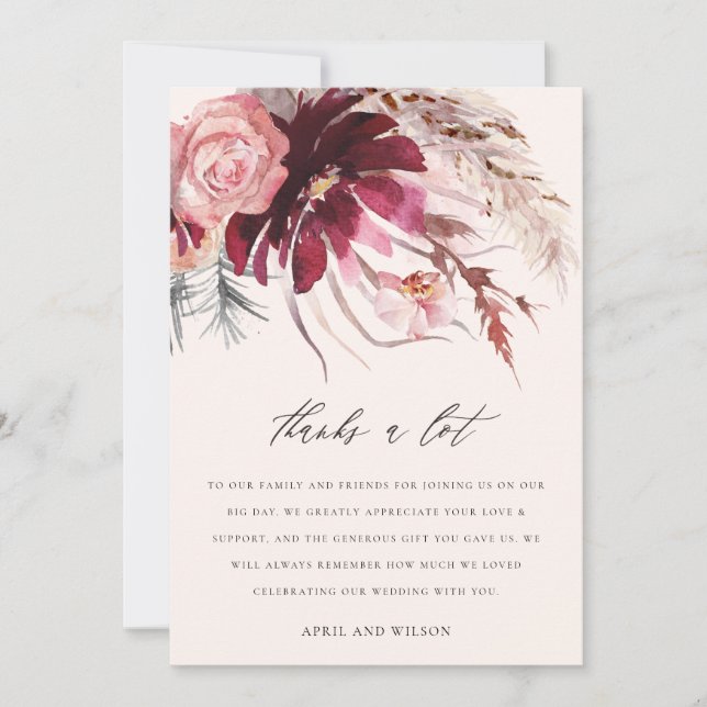 Carte De Remerciements Burgundy Blush Rose Floral Pampas Grass Mariage (Devant)
