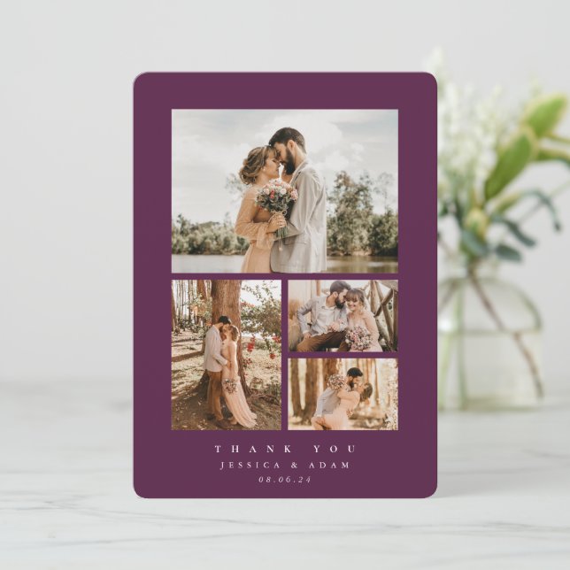 Carte De Remerciements Burgundy Elegant Minimal 4 Photo Mariage plat (Debout devant)