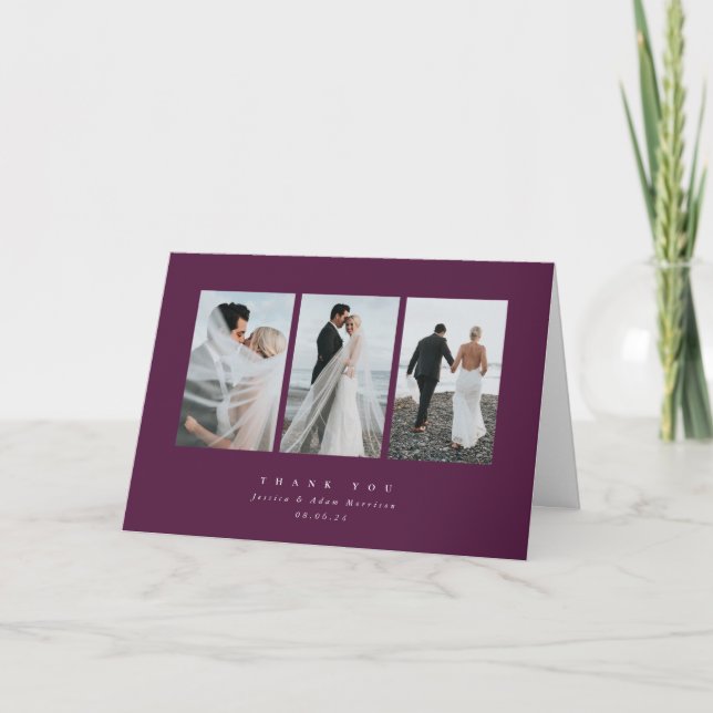 Carte De Remerciements Burgundy Elegant Minimal Triple Mariage photo (Devant)