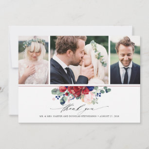 Carte De Remerciements Burgundy et Navy Blue Floral Mariage 3 Photos