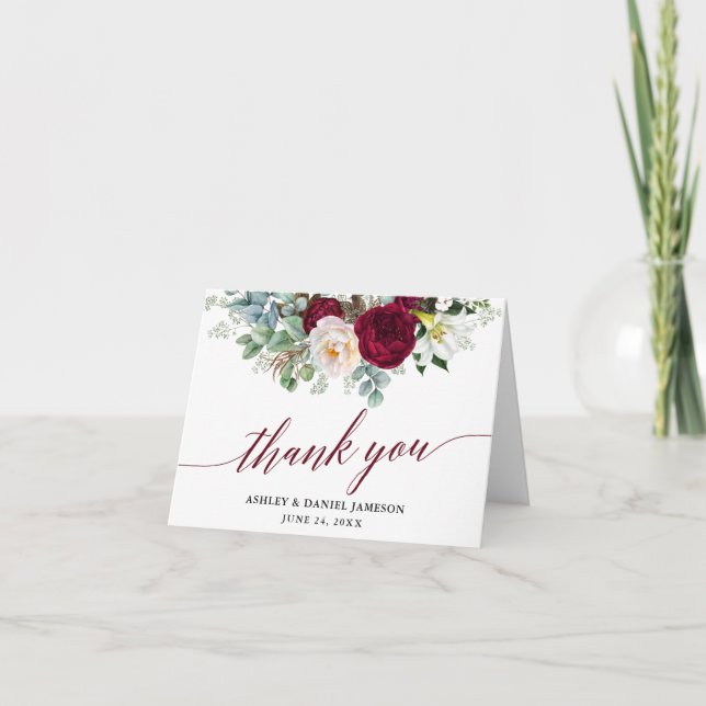 Carte De Remerciements Burgundy Floral Greenery Calligraphie Mariage Note (Devant)
