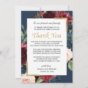 Carte De Remerciements Burgundy Floral Navy Bleu Mariage Cadre