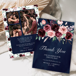 Carte De Remerciements Burgundy Floral Navy Photo de mariage rose poussié