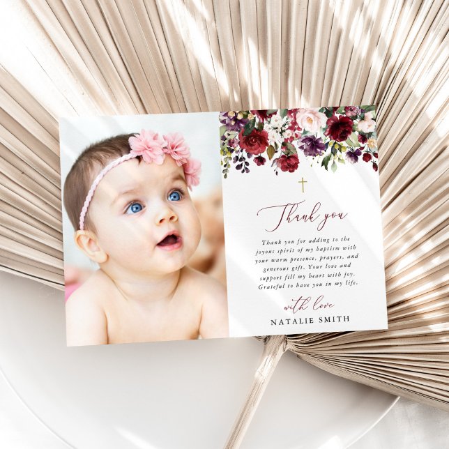 Carte De Remerciements Burgundy Flowers, Pink Flowers, Floral Baptism (Créateur téléchargé)