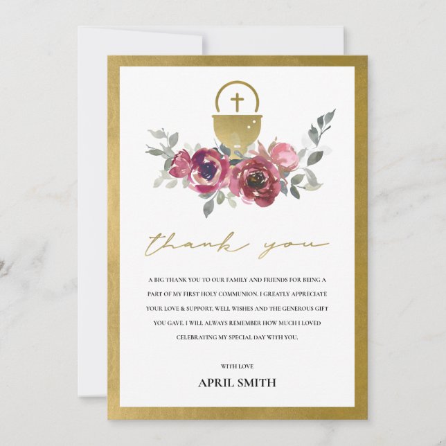 CARTE DE REMERCIEMENTS BURGUNDY GOLD FLORAL PREMIÈRE COMMUNION SAINTE (Devant)