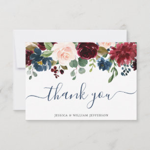 Carte De Remerciements Burgundy Marine bleu Blush Floral WAtercolor