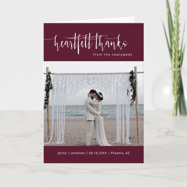 Carte De Remerciements Burgundy Minimalist Script Mariage photo pliée (Devant)