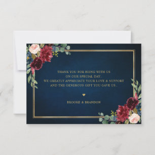 Carte De Remerciements Burgundy Navy Blush Floral Gold Mariage géométriqu