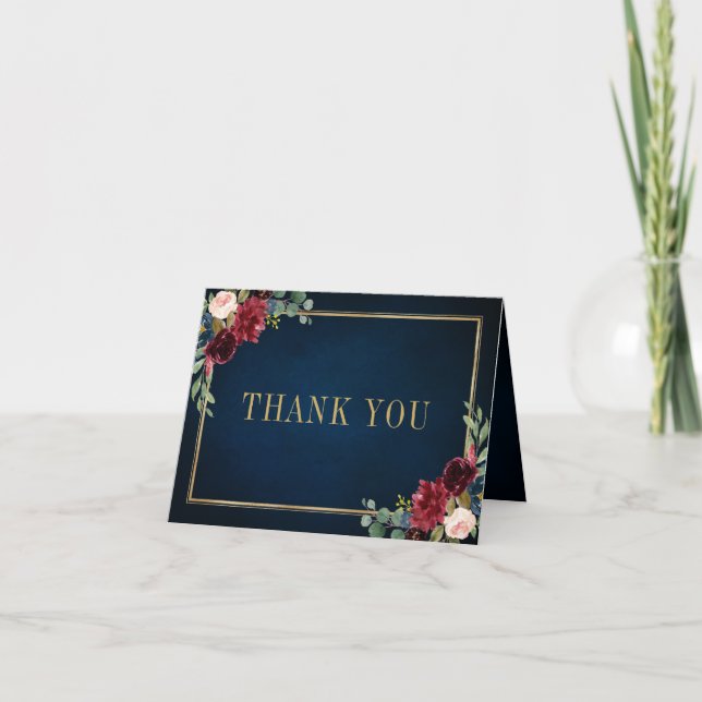 Carte De Remerciements Burgundy Navy Blush Floral Gold Mariage géométriqu (Devant)