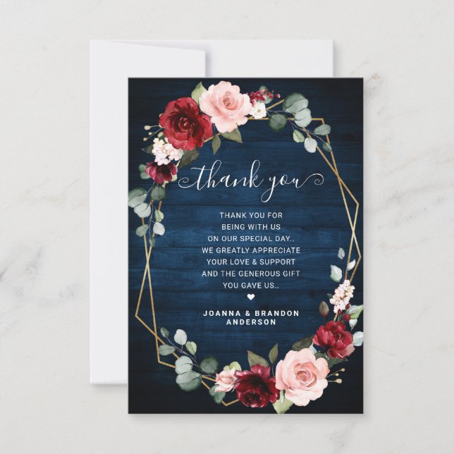 Carte De Remerciements Burgundy Navy Blush Floral Mariage photo géométriq (Devant)