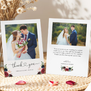 Carte De Remerciements Burgundy Navy Floral Heart Script Mariage Photo