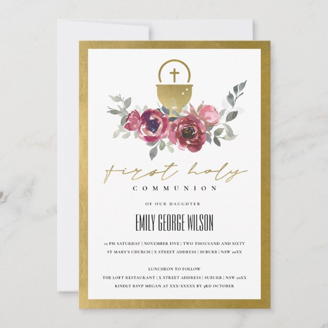 CARTE DE REMERCIEMENTS BURGUNDY OR FLORAL PREMIER SAINT COMMUNION INVITAT (Devant)