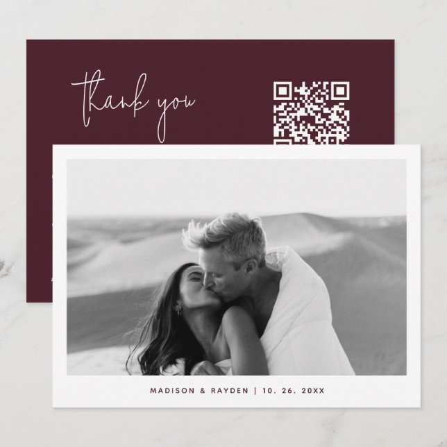 Carte De Remerciements Burgundy Simple Photo QR Code Mariage (Devant / Derrière)