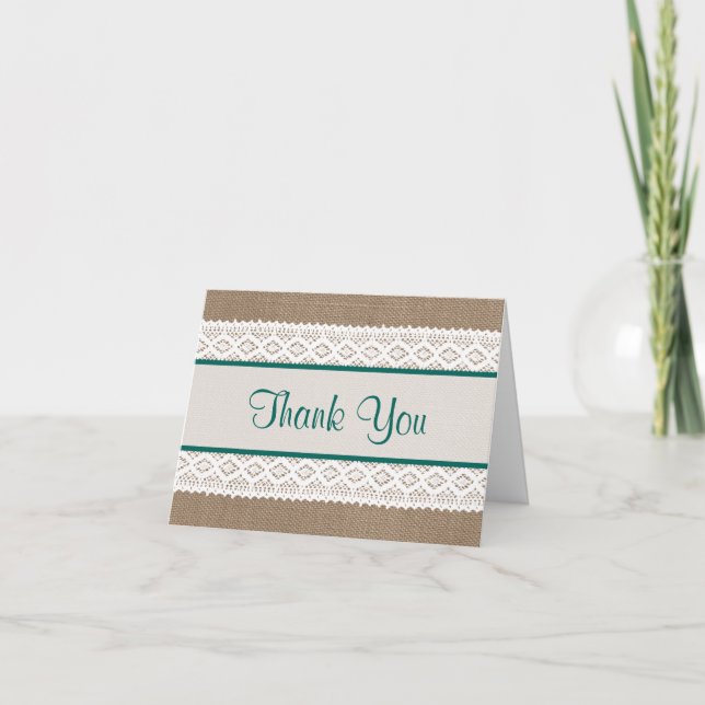 Carte De Remerciements Burlap rustique et Fête des mariées en dentelle bl (Devant)