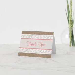 Carte De Remerciements Burlap rustique et Fête des mariées en dentelle bl