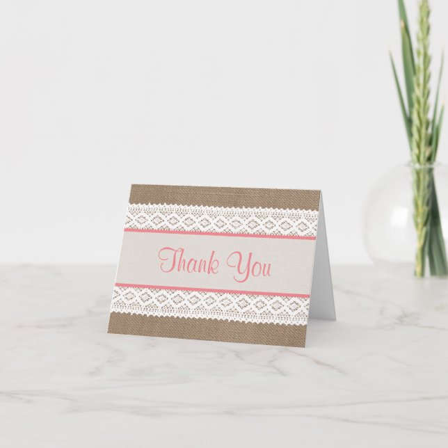 Carte De Remerciements Burlap rustique et Fête des mariées en dentelle bl (Devant)