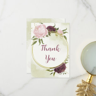 Carte De Remerciements cabernet rose fleurs vert feuille mariage