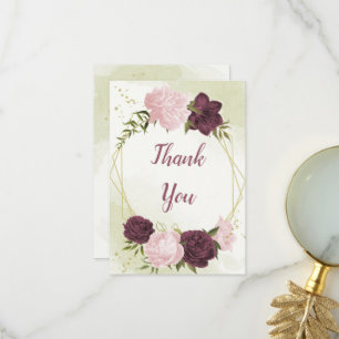Carte De Remerciements cabernet rose fleurs vert feuille mariage