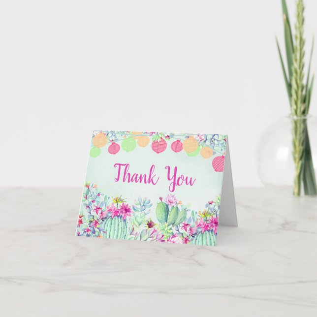 Carte De Remerciements Cactus Lanterne FiestaSucculents Mariage aquarelle (Devant)