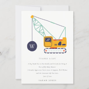 Carte De Remerciements Cadeau de bébé pour un véhicule de grue de constru