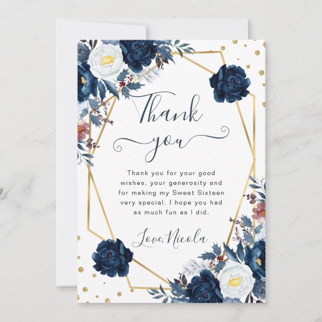 Carte De Remerciements Cadre de fleurs d'hiver bleues et blanches Sweet 1 (Devant)