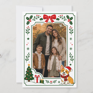 Carte De Remerciements Cadre de photo de Noël de famille avec un Corgi mi