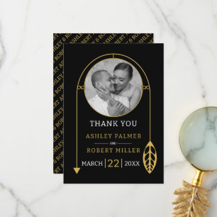 Carte De Remerciements Cadre doré moderne avec feuille et mariage photo