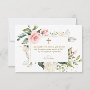 Carte De Remerciements Cadre rose Floral de luxe Croix d'or Fille Baptême