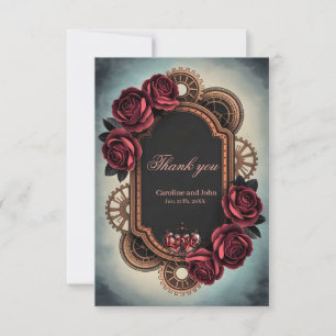 Carte De Remerciements Cadre Steampunk avec Roses rouges et Engrenages