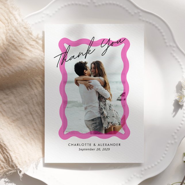 Carte De Remerciements Cadre transparent ondulé rose moderne, mariage pho (Créateur téléchargé)