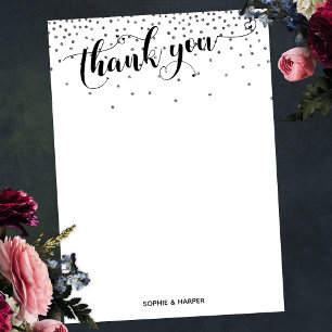 Carte De Remerciements Calligraphie avec des cœurs et confettis argentés