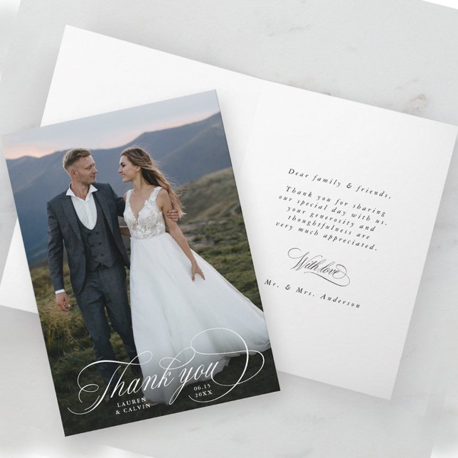 Carte De Remerciements Calligraphie blanche romantique Mariage photo plié (Front & Inside)