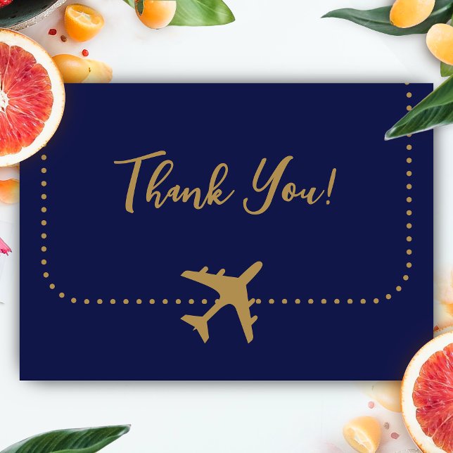 Carte De Remerciements Calligraphie Bleu et Gold Boarding Pass Mariage (Boarding Pass Wedding Thank You Card)