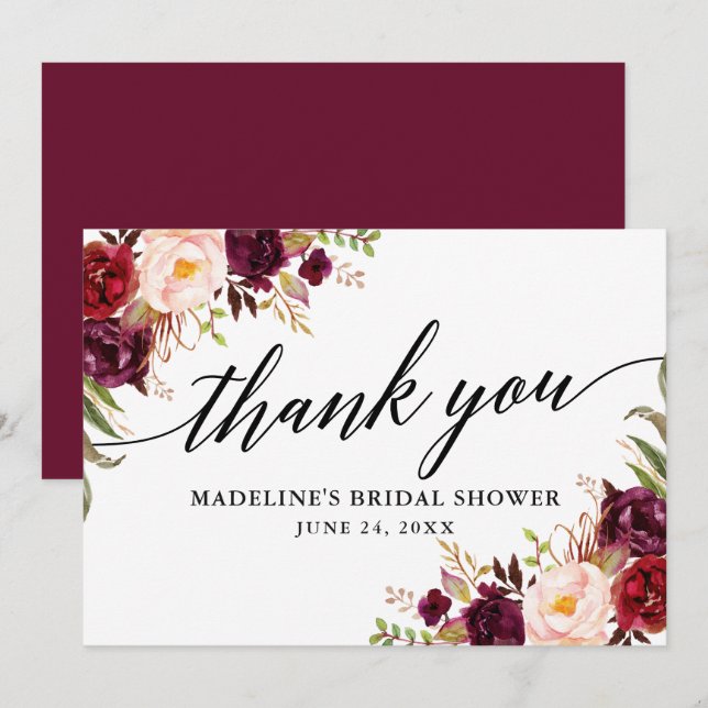 Carte De Remerciements Calligraphie Bourgogne Fête des mariées florale (Devant / Derrière)