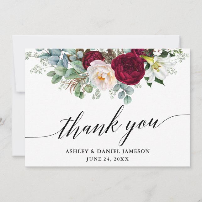 Carte De Remerciements Calligraphie Bourgogne Floral Mariage (Devant)