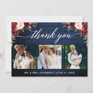 Carte De Remerciements Calligraphie Bourgogne Mariage Floral Bois Bleu