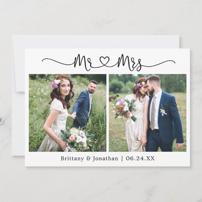 Carte De Remerciements Calligraphie Coeur M. et Mme 2 Mariage photo (Devant)