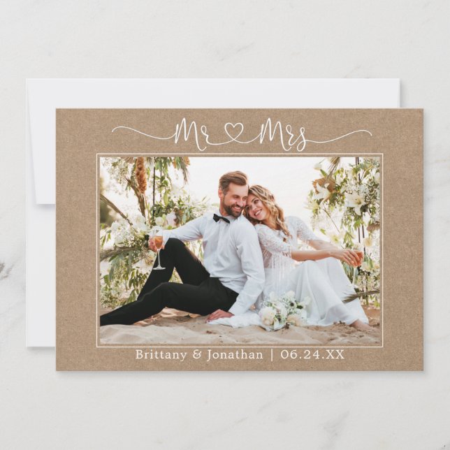 Carte De Remerciements Calligraphie Coeur M. et Mme Kraft Mariage Photo (Devant)