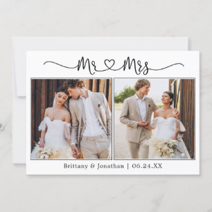 Carte De Remerciements Calligraphie Coeur M. et Mme Mariage 2 Photo