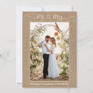 Carte De Remerciements Calligraphie Coeur M. et Mme Mariage Photo Kraft