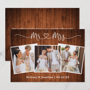 Carte De Remerciements Calligraphie Coeur M. Mme Mariage 3 Photo Bois