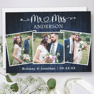Carte De Remerciements Calligraphie Coeur M. Mme Mariage Blue Wood